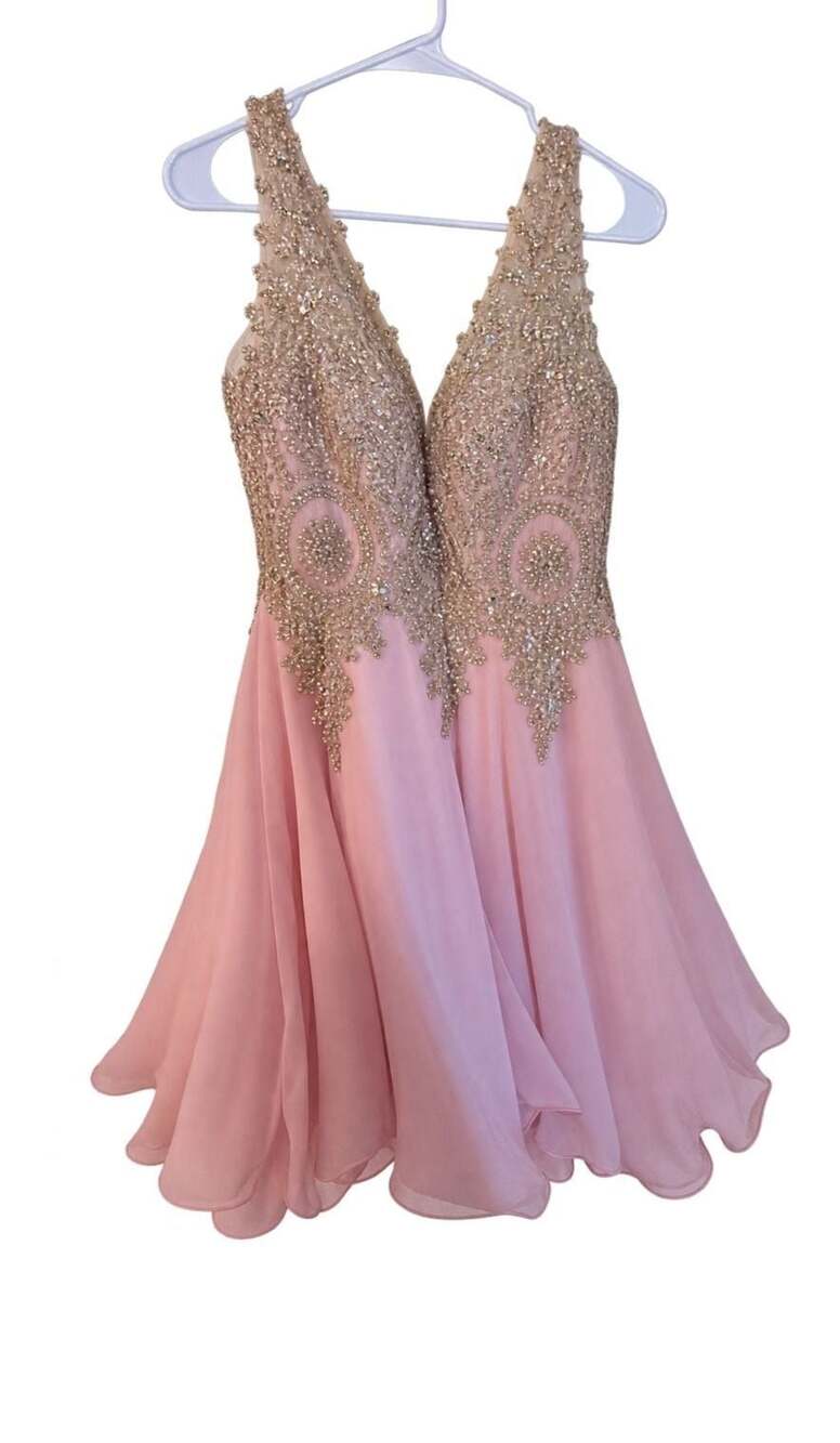 May Queen Couture Pink Chiffon Homecoming Dress with Gold Beaded Bodice Size 10